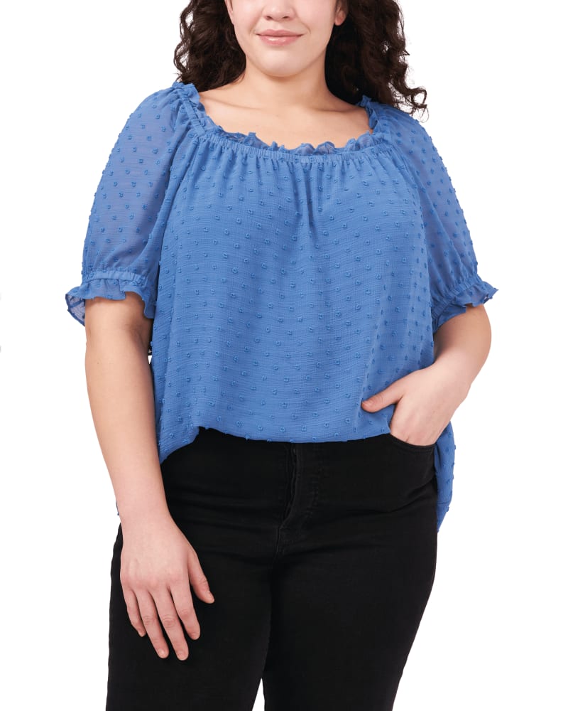 Front of a model wearing a size 1X Janet Square Neck Blouse in 444-BRISK BLUE by CeCe. | dia_product_style_image_id:263843